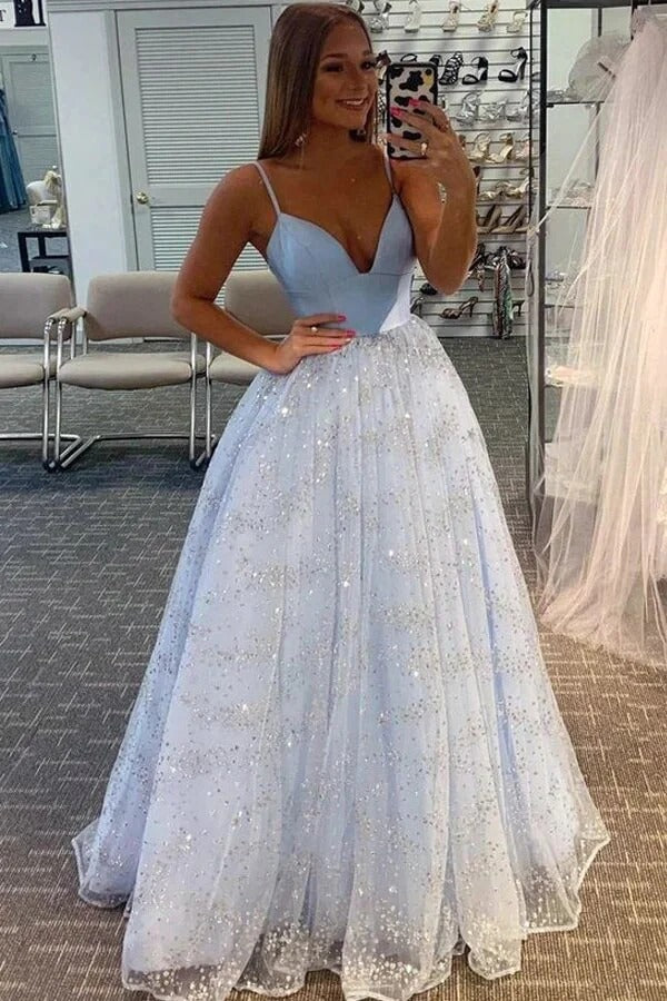 Sky Blue Spaghetti Strap V-Neck Open Back Glitter Tulle Ball Gown with Train