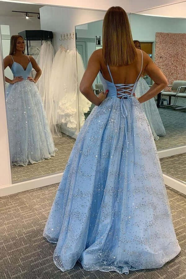 Sky Blue Spaghetti Strap V-Neck Open Back Glitter Tulle Ball Gown with Train