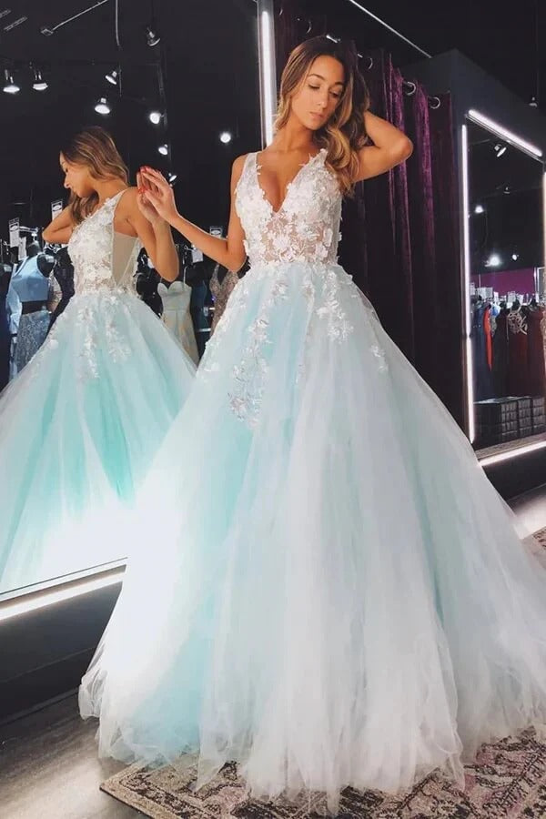 Sky Blue Spaghetti Strap V-Neck Open Back Lace Tulle Ball Gown with Train