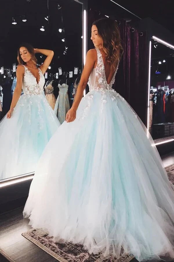 Sky Blue Spaghetti Strap V-Neck Open Back Lace Tulle Ball Gown with Train