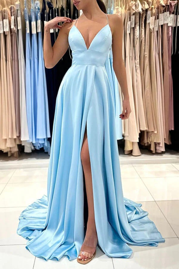Sky Blue Spaghetti Strap V-Neck Open Back Satin A-Line Prom Maxi Gown with Slit & Train