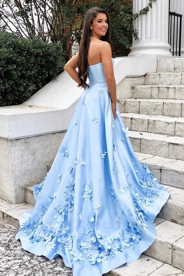 Sky Blue Strapless 3D Floral Satin Gown with Pockets and Train