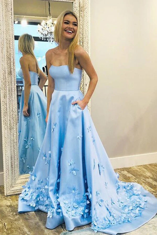 Sky Blue Strapless 3D Floral Satin Gown with Pockets and Train