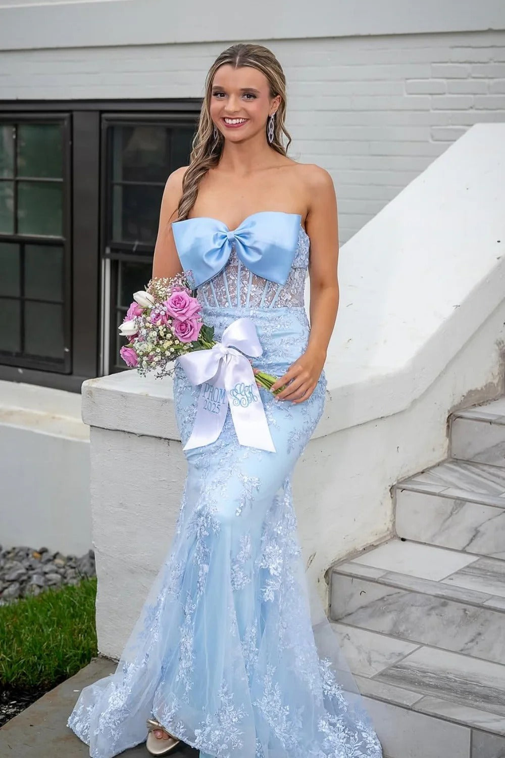 Sky Blue Strapless Mermaid Gown – Lace Embellished Formal Dress with Bow Detail and Train