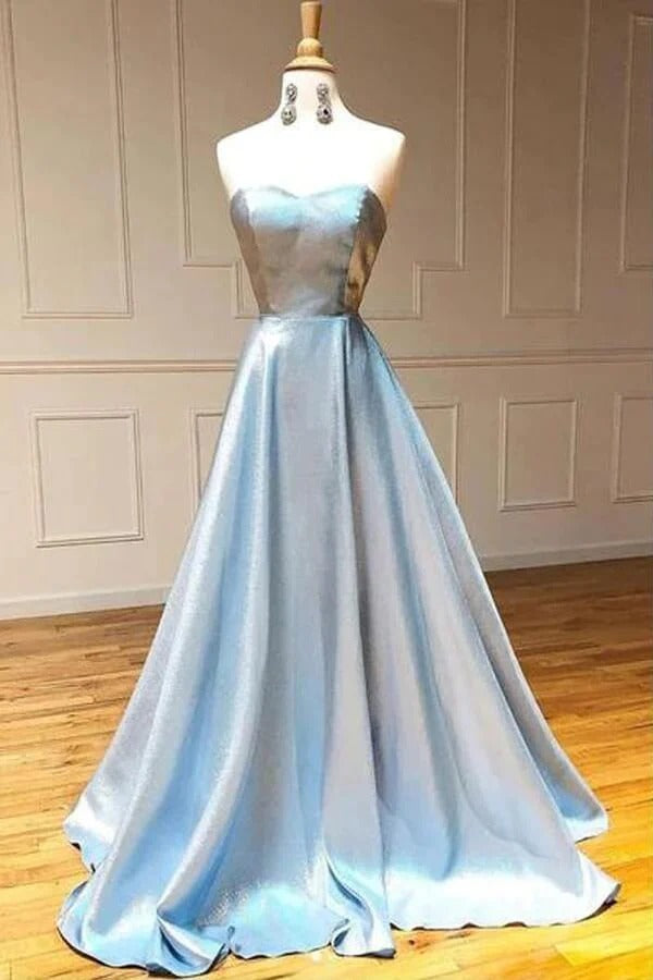 Sky Blue Strapless Sweetheart Neckline Open Back Satin A-Line Prom Maxi Gown with Train