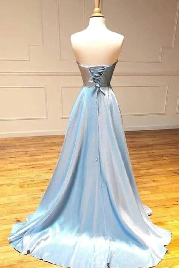 Sky Blue Strapless Sweetheart Neckline Open Back Satin A-Line Prom Maxi Gown with Train
