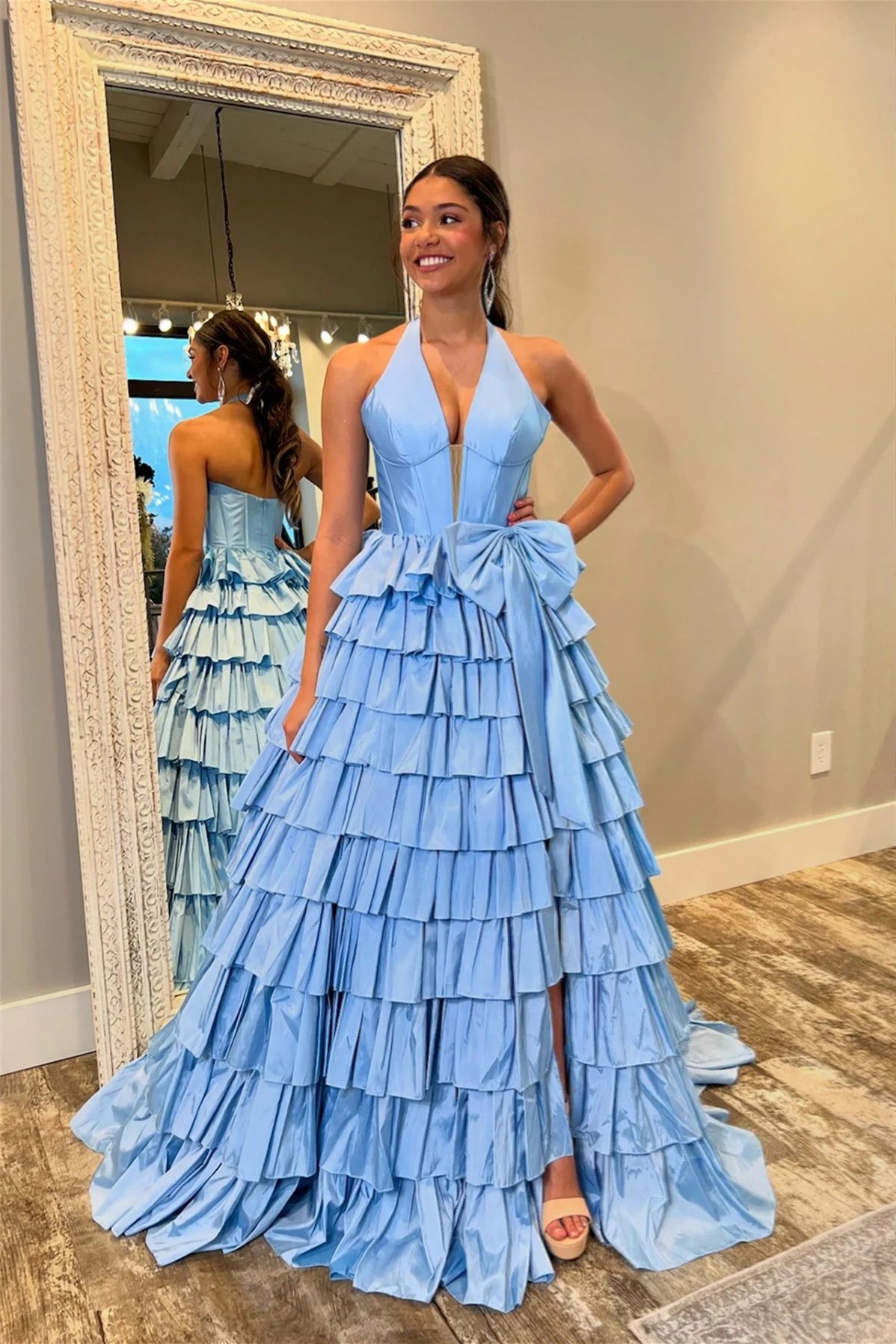 Sky Blue Halter Neck Taffeta Evening Dress with Tiered Ruffled Skirt & Oversized Bow