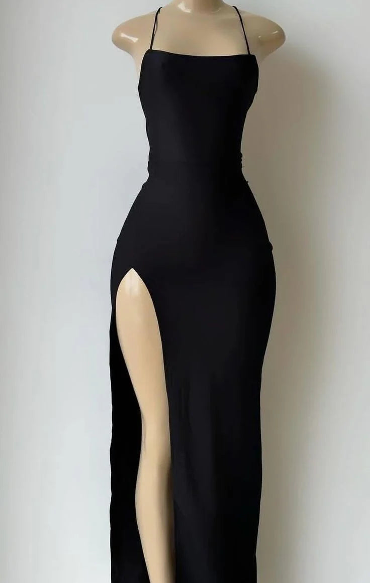 Sleek Black Satin Prom Dress with Square Neck, Lace-Up Back, High Slit and Mermaid Silhouette