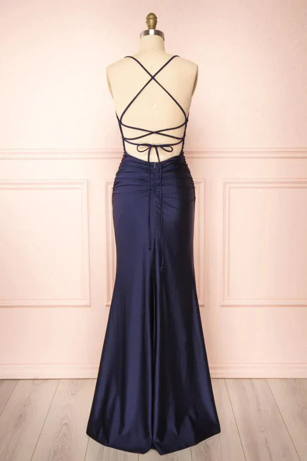 Sleek Form-Fitting Spaghetti Strap Lace-Up Back Floor-Length Prom Dress