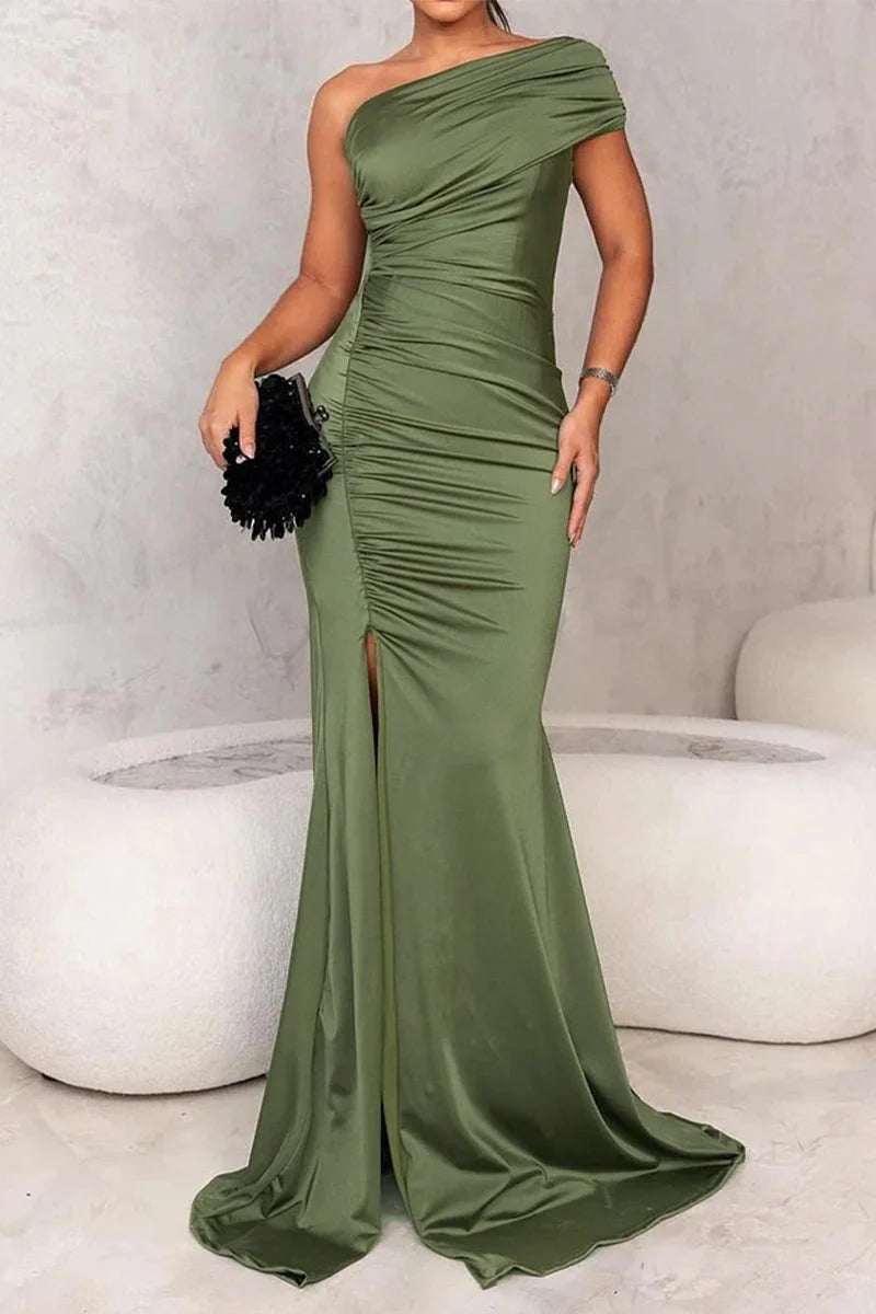 Sleek Olive Green Satin One-Shoulder Ruched Mermaid Train Evening Dress