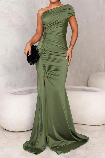 Sleek Olive Green Satin One-Shoulder Ruched Mermaid Train Evening Dress