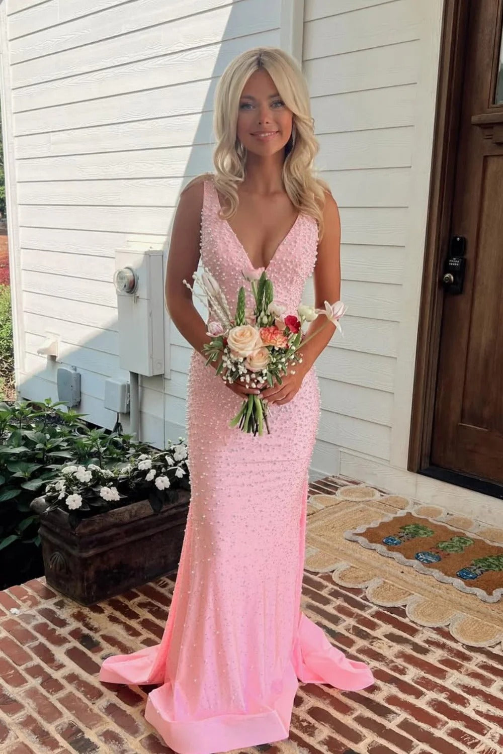 Sleeveless Deep V-Neck Prom Dress with Open Back & Train