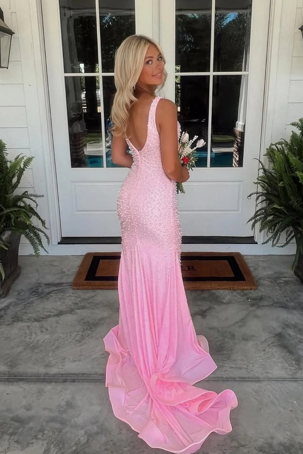 Sleeveless Deep V-Neck Prom Dress with Open Back & Train