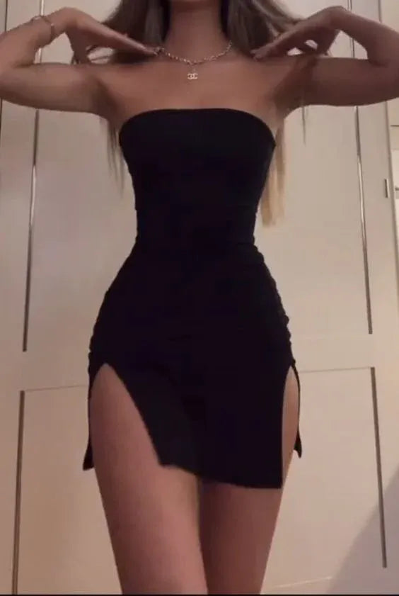 Slim Sheath Strapless Side-Ruched Dual-Slit Stretch-Jersey Mini Homecoming Dress
