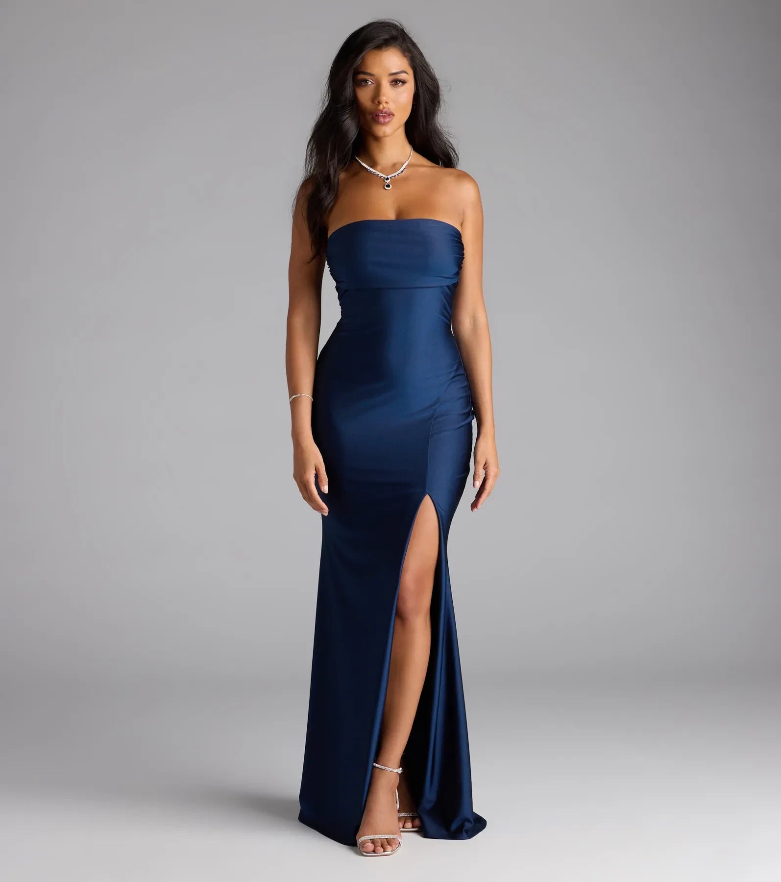 Sophisticated Navy Strapless Sleeveless Mermaid Gown with High Slit and Open Back for Prom Dresses