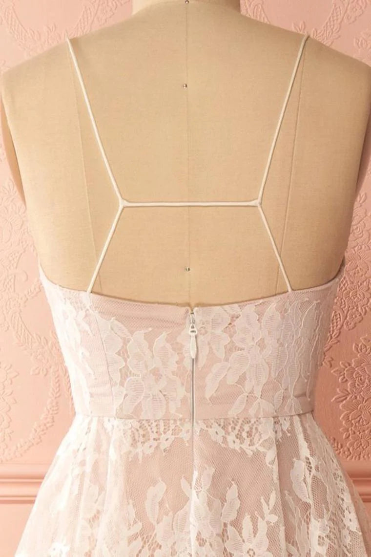Spaghettiträger Rosa und Elfenbein Offener Rücken Spitze High Low Ballkleider 