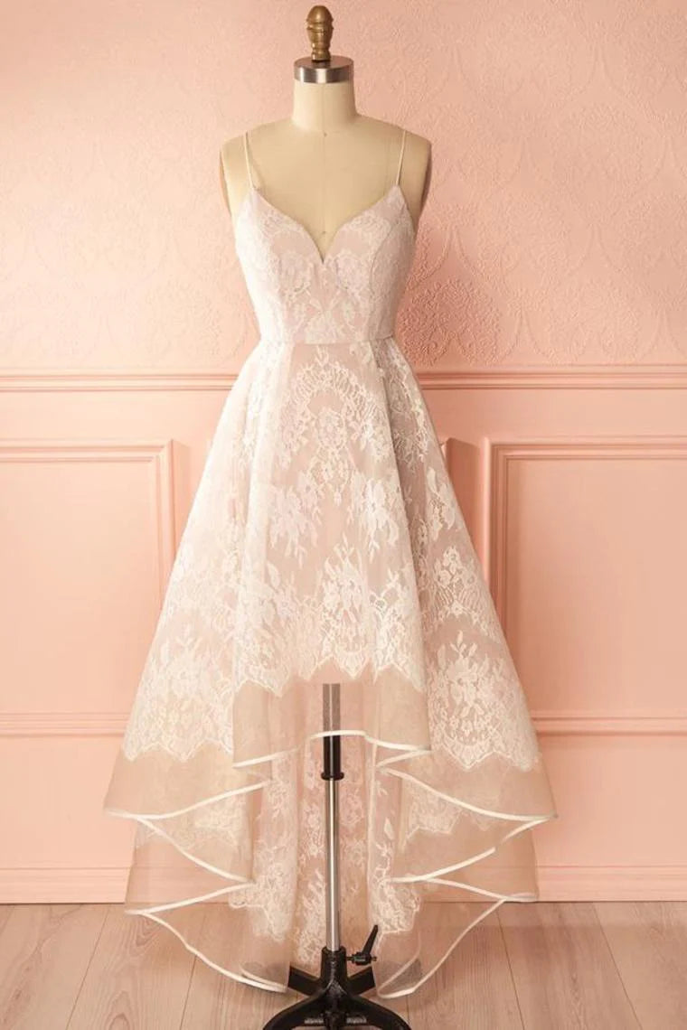 Spaghettiträger Rosa und Elfenbein Offener Rücken Spitze High Low Ballkleider 