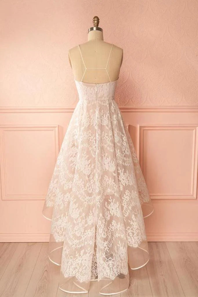Spaghettiträger Rosa und Elfenbein Offener Rücken Spitze High Low Ballkleider 