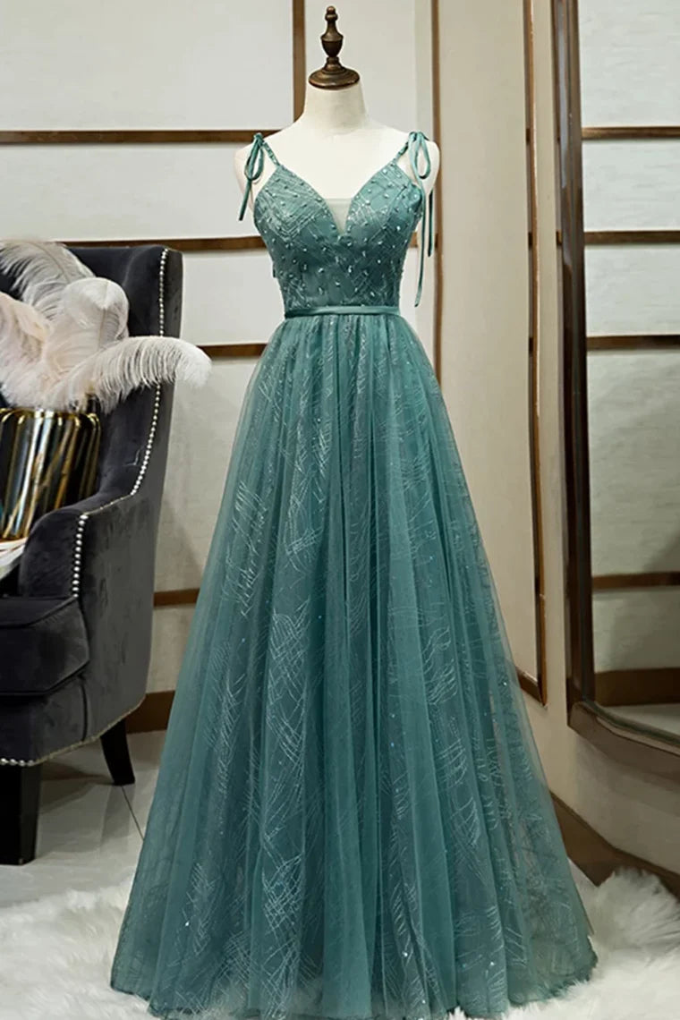 Spaghettiträger Tüll Schlichtes A-Linien Abendkleid Langes Ballkleid 