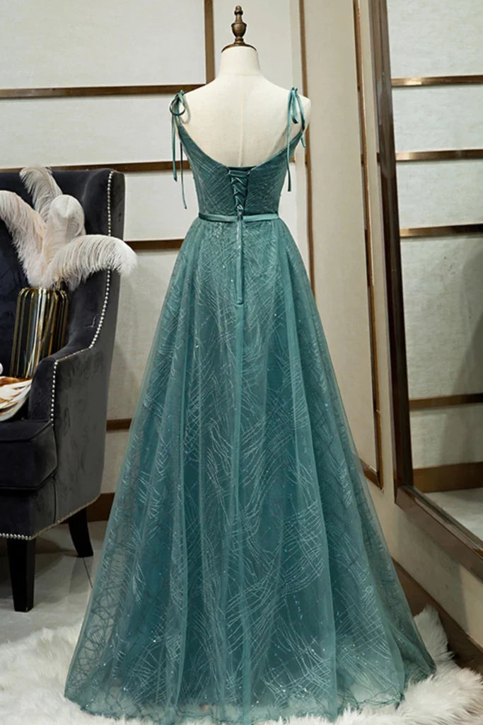 Spaghettiträger Tüll Schlichtes A-Linien Abendkleid Langes Ballkleid 