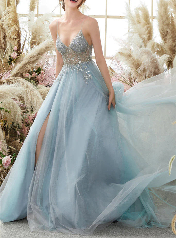Spaghettiträger V-Ausschnitt Tüll Ballkleid mit Applikationen A-Linie Langes Abendkleid mit Perlen