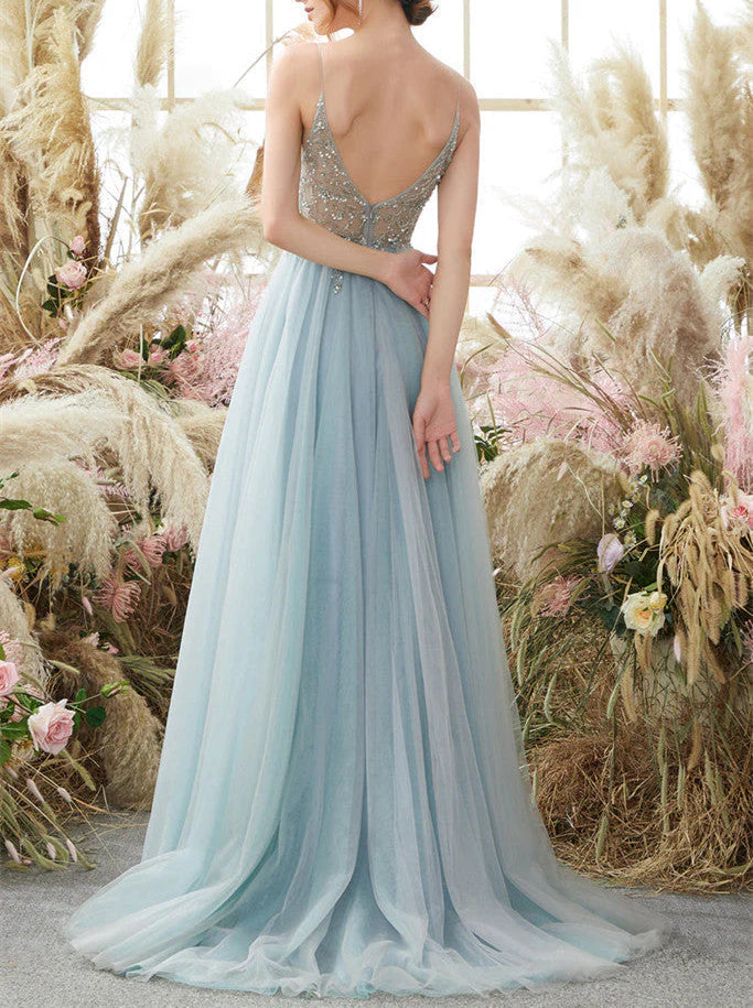 Spaghettiträger V-Ausschnitt Tüll Ballkleid mit Applikationen A-Linie Langes Abendkleid mit Perlen