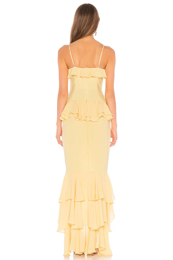 Spaghetti Strap Chiffon Prom Dresses with Ruffle Detail, High Slit and Tiered Mermaid Skirt Formal Gown