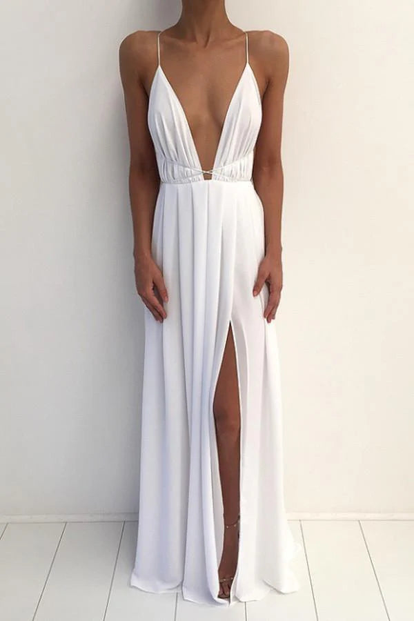 Spaghetti Strap Deep V-Neck Prom Dress with Crisscross Back and High Slit
