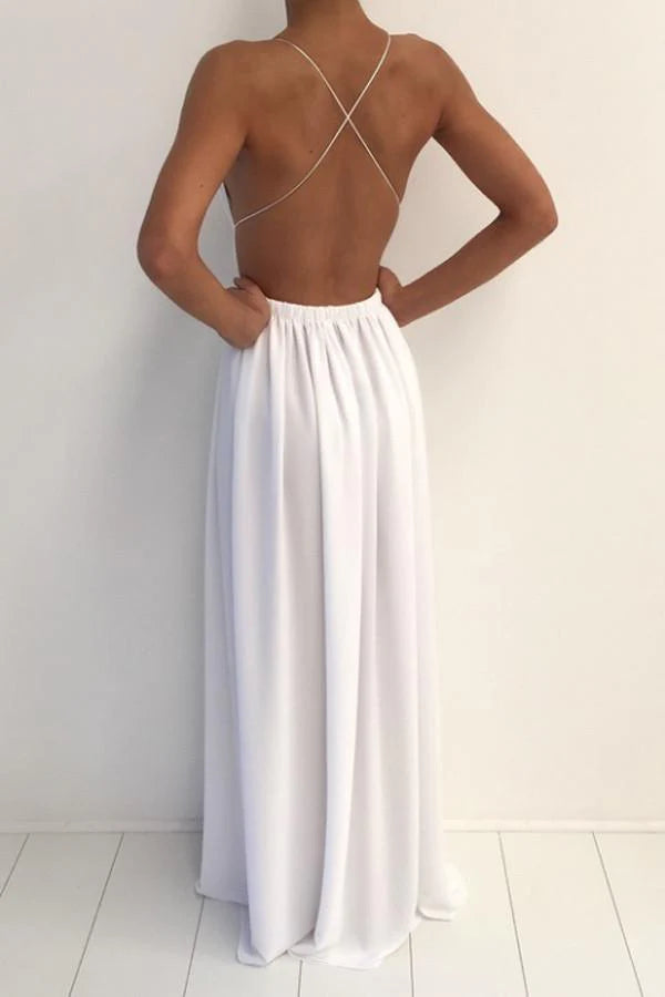Spaghetti Strap Deep V-Neck Prom Dress with Crisscross Back and High Slit