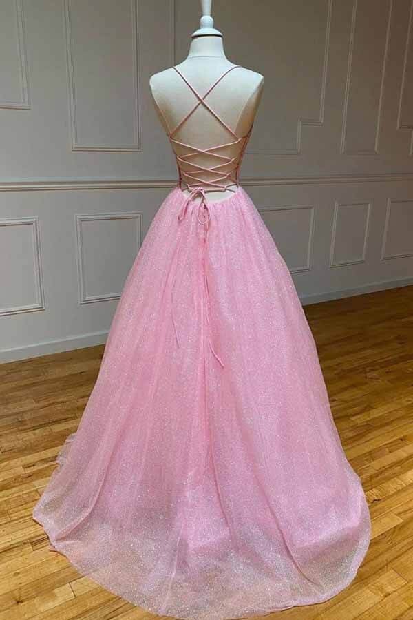 Spaghetti Strap Glitter Tulle A-Line Gown in Sky Blue and Pink
