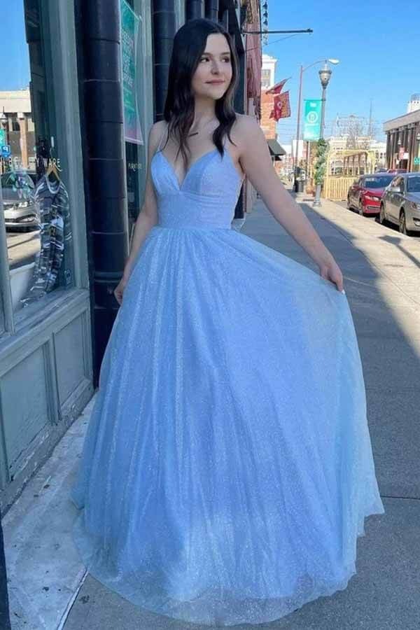 Spaghetti Strap Glitter Tulle A-Line Gown in Sky Blue and Pink