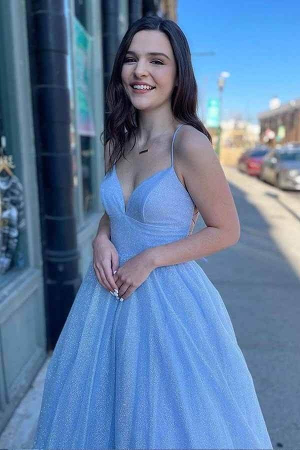 Spaghetti Strap Glitter Tulle A-Line Gown in Sky Blue and Pink