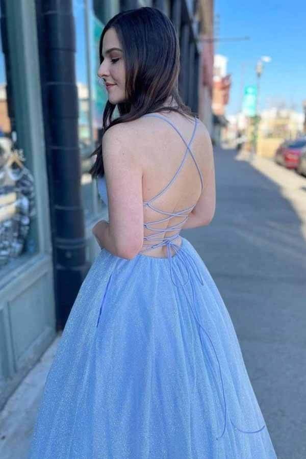 Spaghetti Strap Glitter Tulle A-Line Gown in Sky Blue and Pink