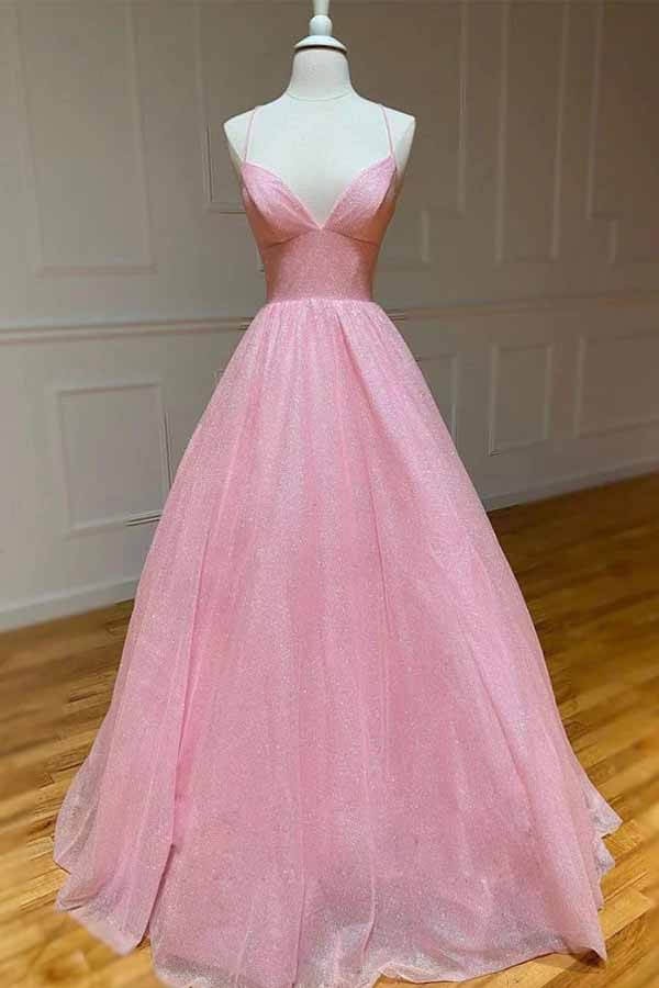 Spaghetti Strap Glitter Tulle A-Line Gown in Sky Blue and Pink