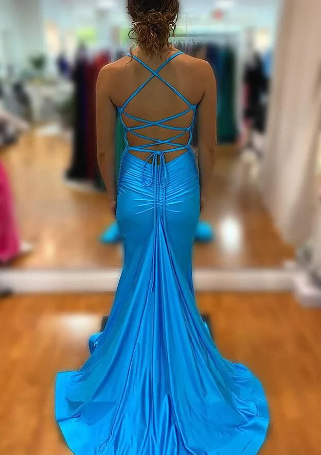 Spaghetti Strap Satin Mermaid Evening Dress High Slit Lace Up Back Formal Party Wedding Guest Maxi Gown