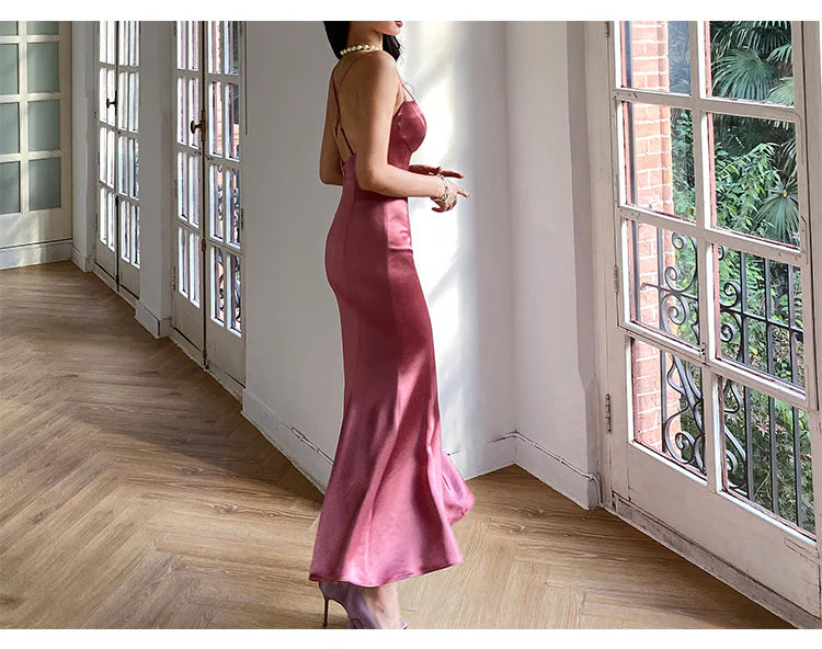 Spaghetti Strap Satin Prom Dresses with Corset Bodice, Crisscross Back and Mermaid Skirt Formal Gown