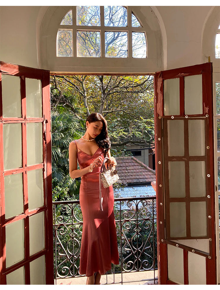 Spaghetti Strap Satin Prom Dresses with Corset Bodice, Crisscross Back and Mermaid Skirt Formal Gown
