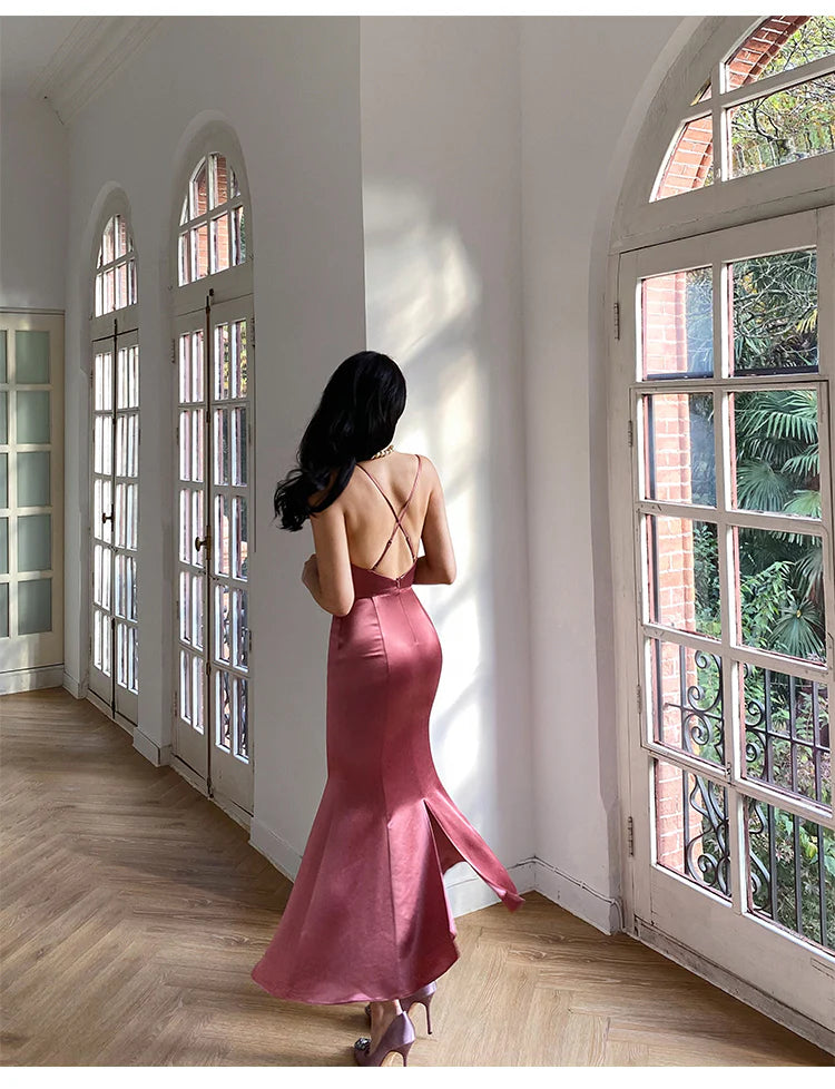 Spaghetti Strap Satin Prom Dresses with Corset Bodice, Crisscross Back and Mermaid Skirt Formal Gown