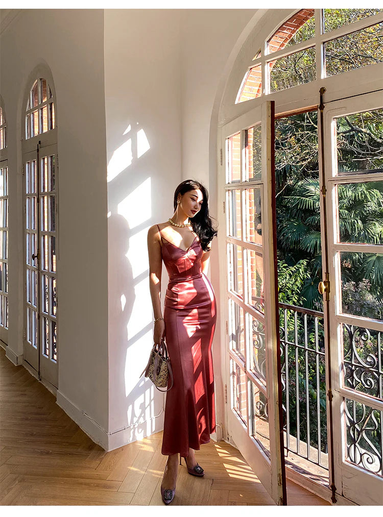 Spaghetti Strap Satin Prom Dresses with Corset Bodice, Crisscross Back and Mermaid Skirt Formal Gown