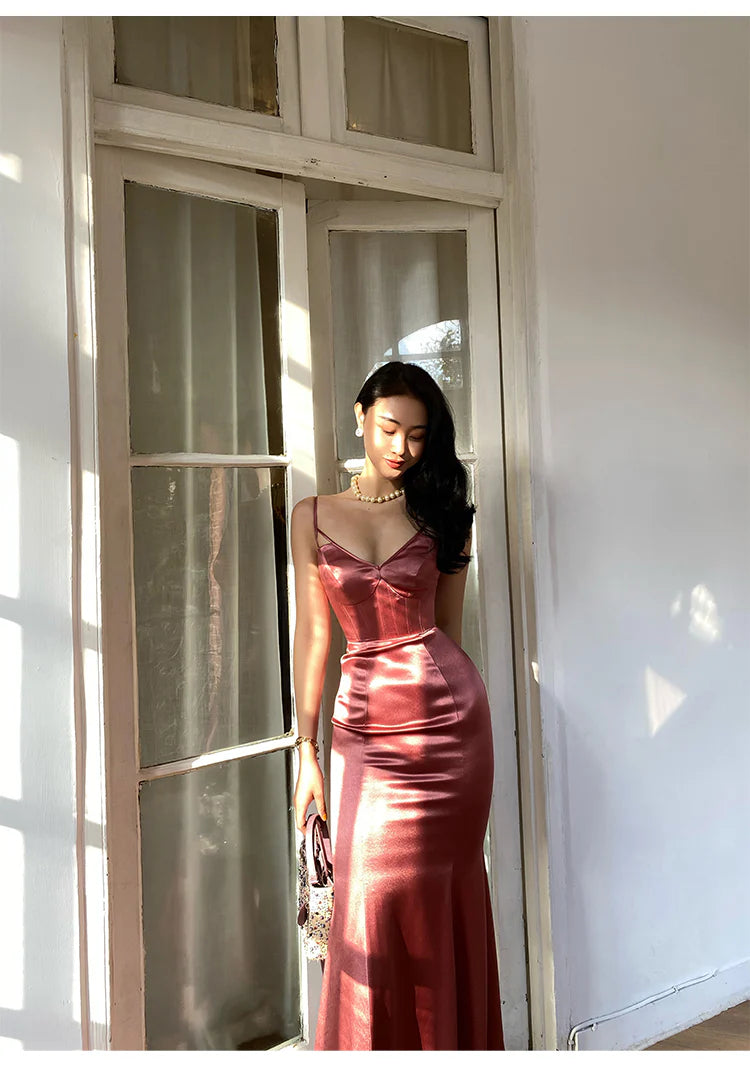 Spaghetti Strap Satin Prom Dresses with Corset Bodice, Crisscross Back and Mermaid Skirt Formal Gown