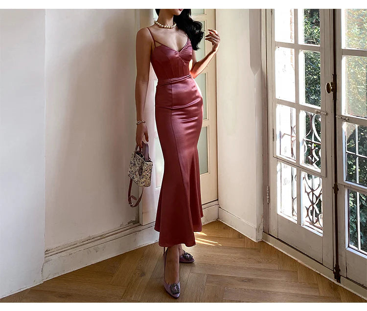 Spaghetti Strap Satin Prom Dresses with Corset Bodice, Crisscross Back and Mermaid Skirt Formal Gown