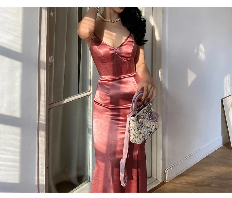 Spaghetti Strap Satin Prom Dresses with Corset Bodice, Crisscross Back and Mermaid Skirt Formal Gown