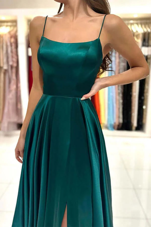 Spaghetti Strap Square Neck Formal Dress with Lace-Up Back & Side Slit