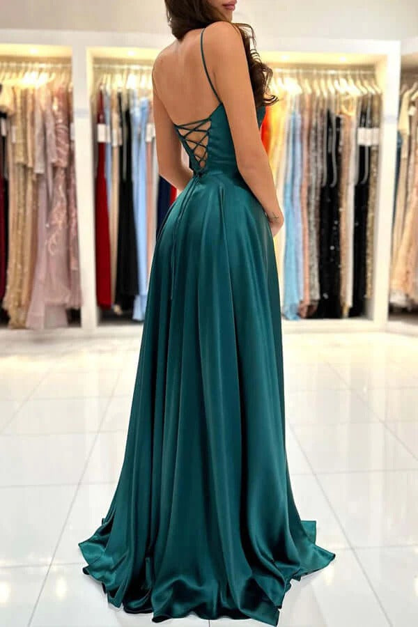 Spaghetti Strap Square Neck Formal Dress with Lace-Up Back & Side Slit