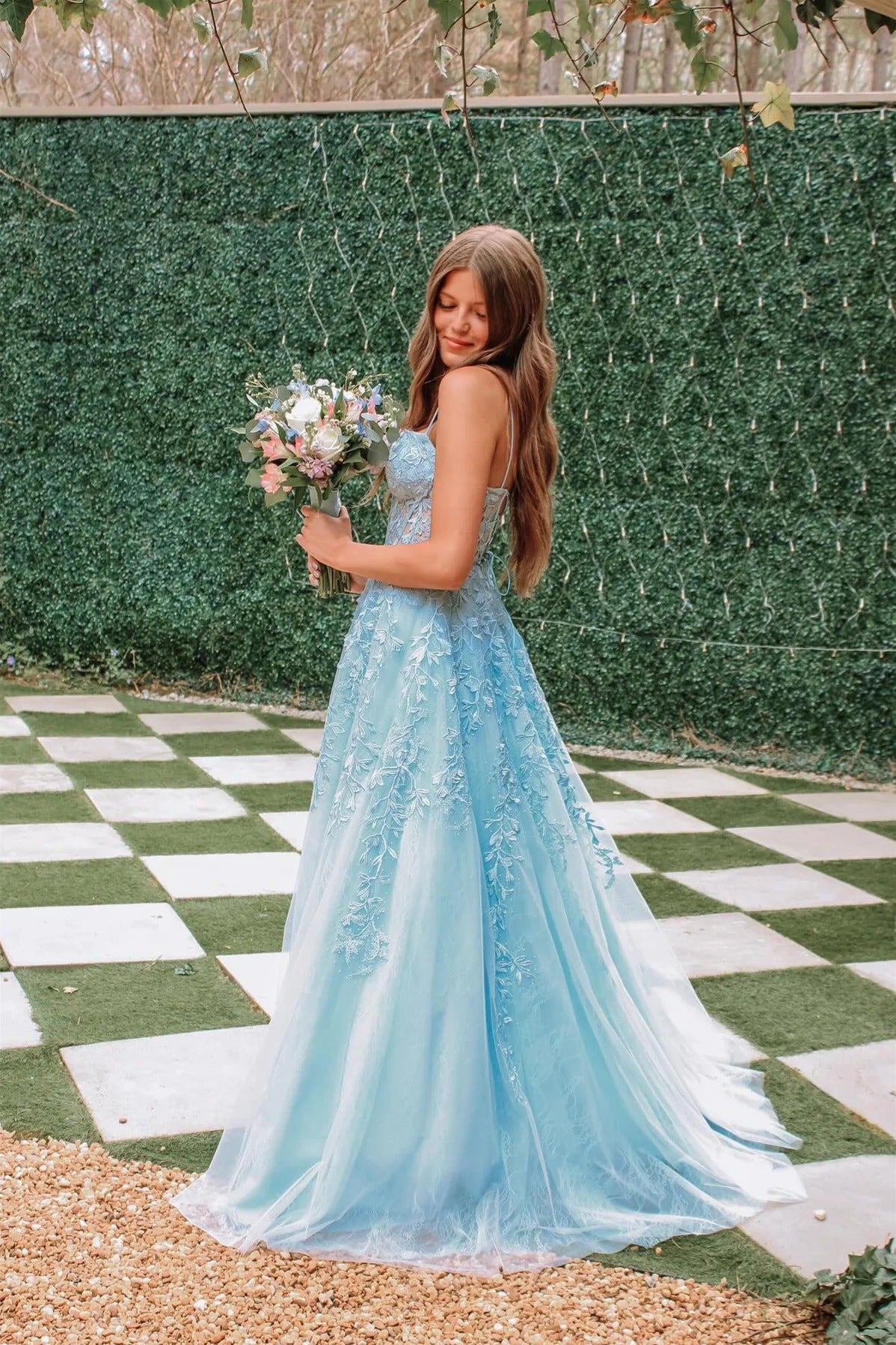 Spaghetti Strap Sweetheart Prom Dress with Floral Appliqués & Train