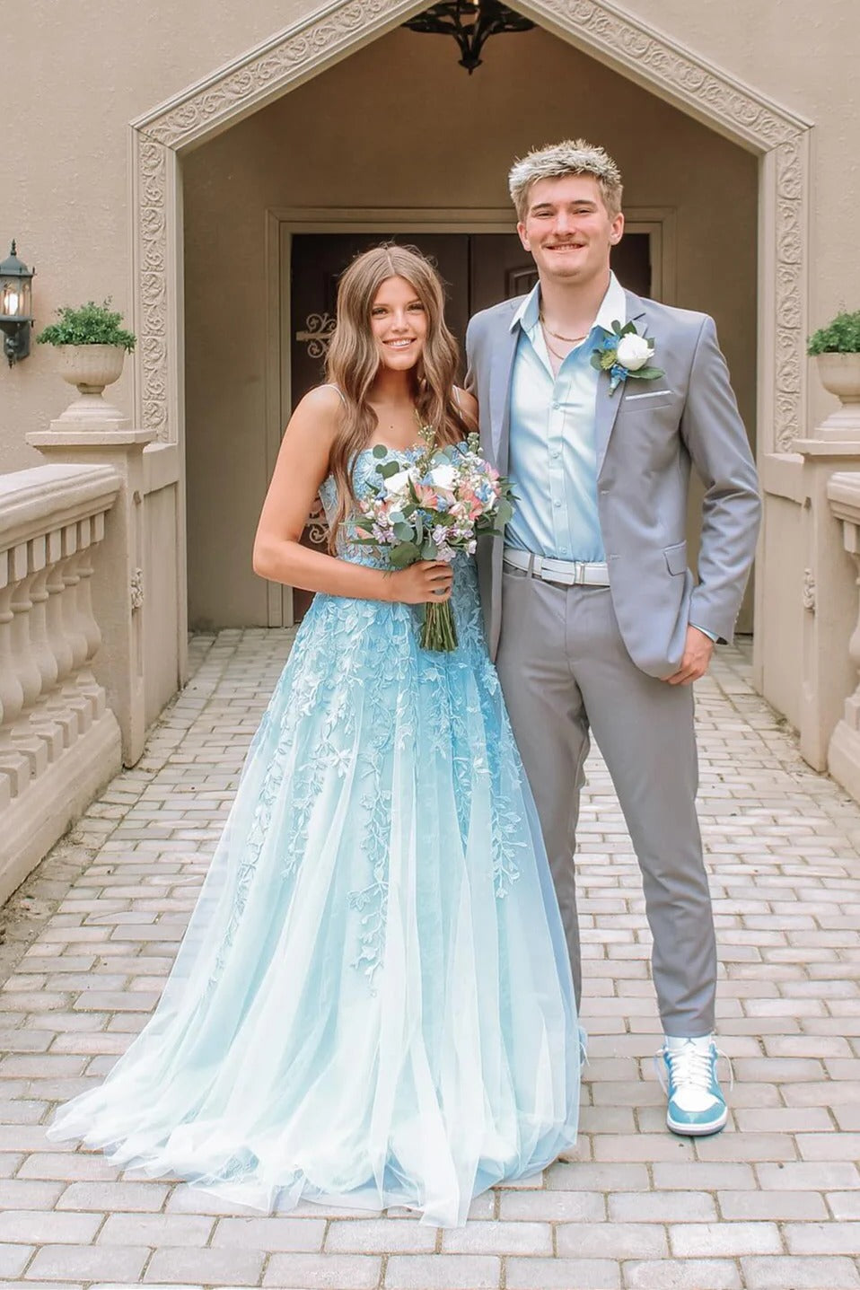 Spaghetti Strap Sweetheart Prom Dress with Floral Appliqués & Train