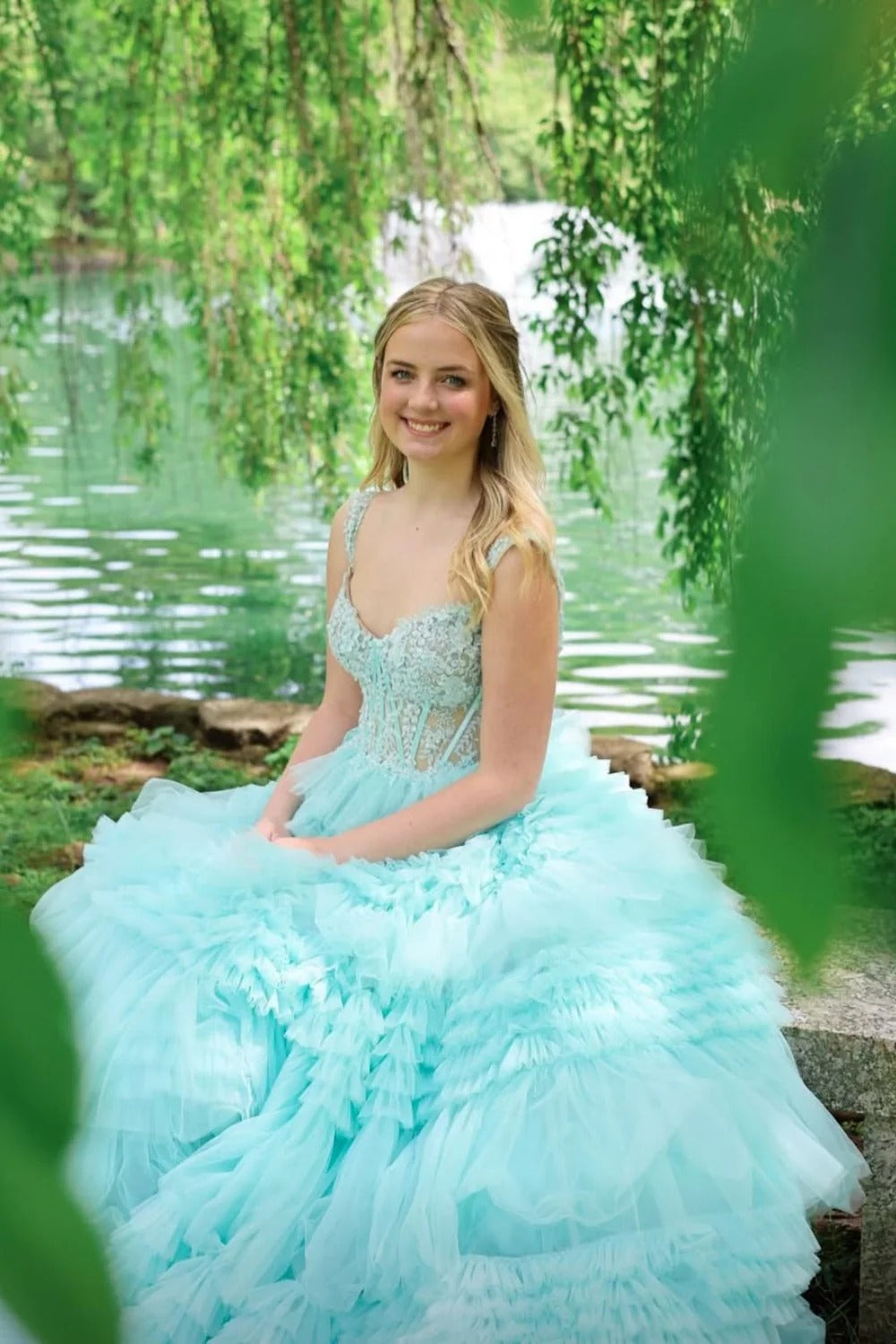 Spaghetti Strap Sweetheart Prom Dress with Lace Corset & Tiered Skirt