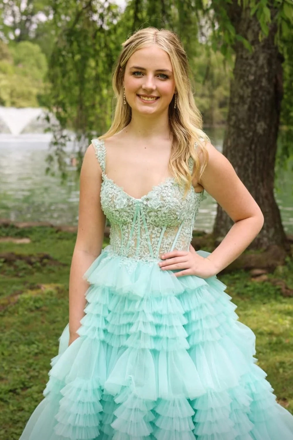 Spaghetti Strap Sweetheart Prom Dress with Lace Corset & Tiered Skirt