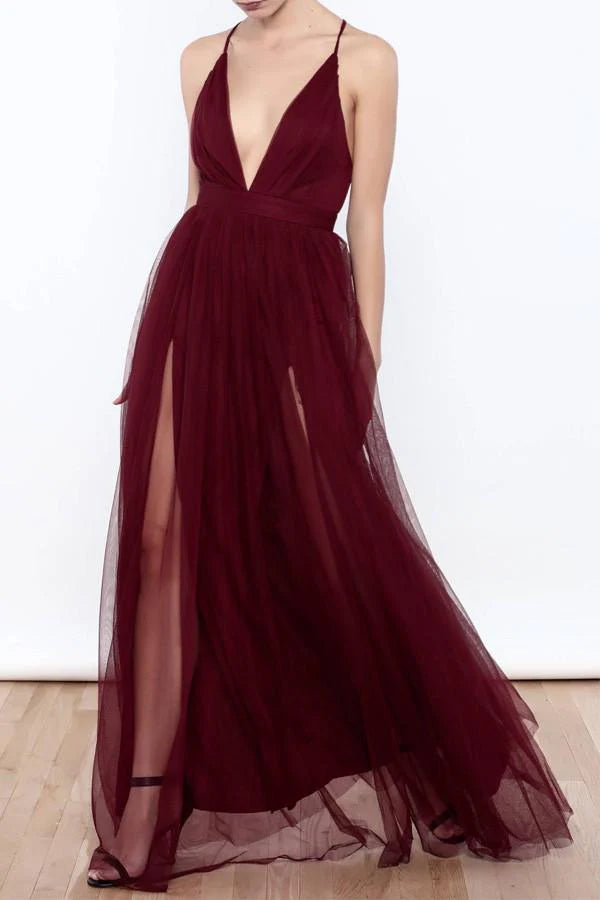 Spaghetti Strap Tulle Prom Dress with Crisscross Back and Double High Slits