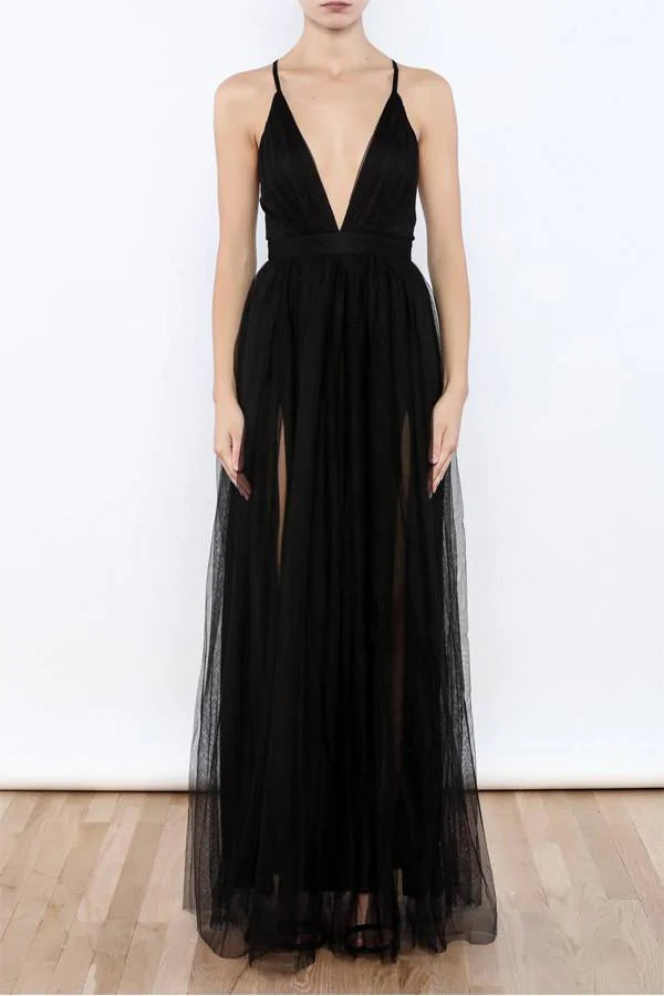 Spaghetti Strap Tulle Prom Dress with Crisscross Back and Double High Slits